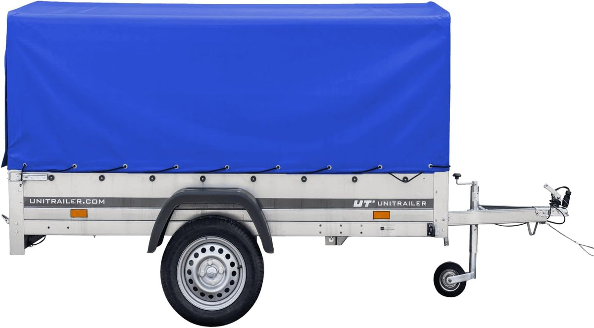 UNITRAILER Auto Anhänger 230x125 Garden Trailer 230 Kipp 750 kg mit Stützrad, Blauer Hochplane und Hochspriegel