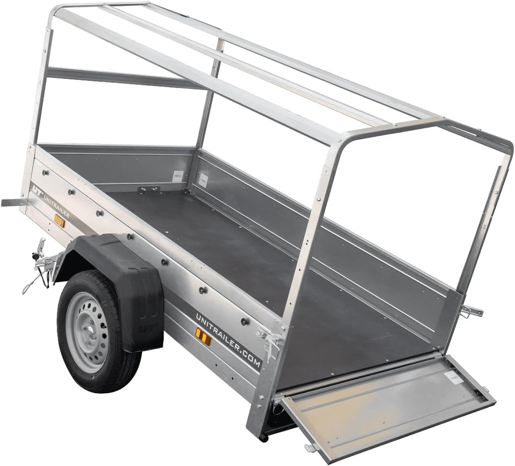 UNITRAILER Car Trailer Garden Trailer 200 Tilt, 200 x 106 cm, Car Trailer with Tilting Drawbar, High Tarpaulin and Jockey Wheel, Trailer Construction Made of Galvanised Steel - Car Trailer 750 kg