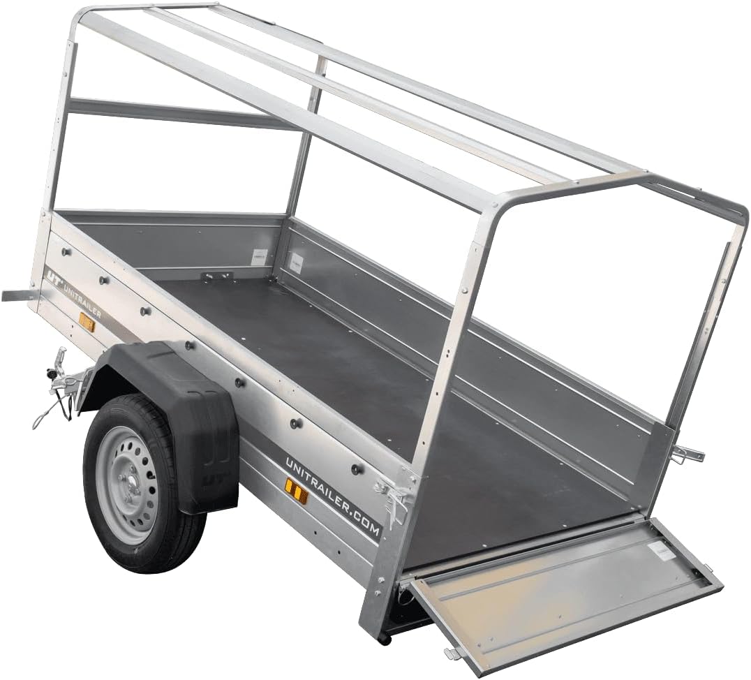 UNITRAILER Car Trailer Garden Trailer 200 Tilt, 200 x 106 cm, Car Trailer with Tilting Drawbar, High Tarpaulin and Jockey Wheel, Trailer Construction Made of Galvanised Steel - Car Trailer 750 kg