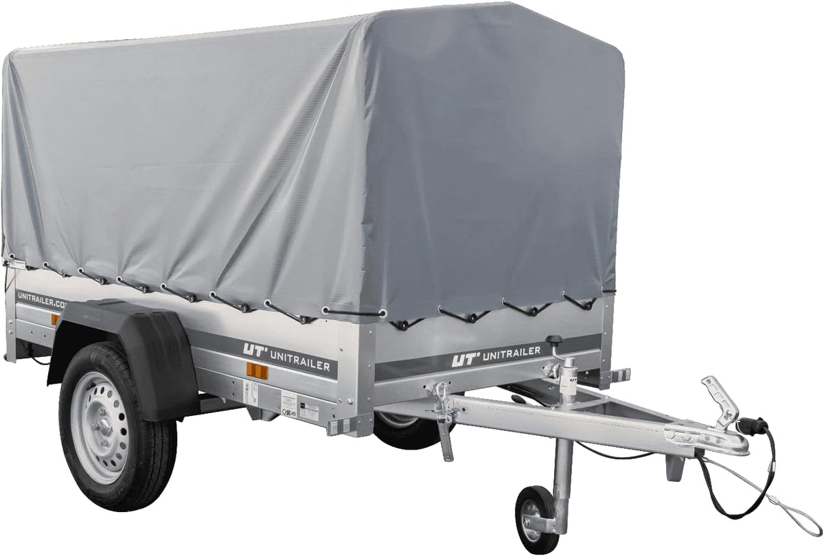 UNITRAILER Car Trailer Garden Trailer 200 Tilt, 200 x 106 cm, Car Trailer with Tilting Drawbar, High Tarpaulin and Jockey Wheel, Trailer Construction Made of Galvanised Steel - Car Trailer 750 kg