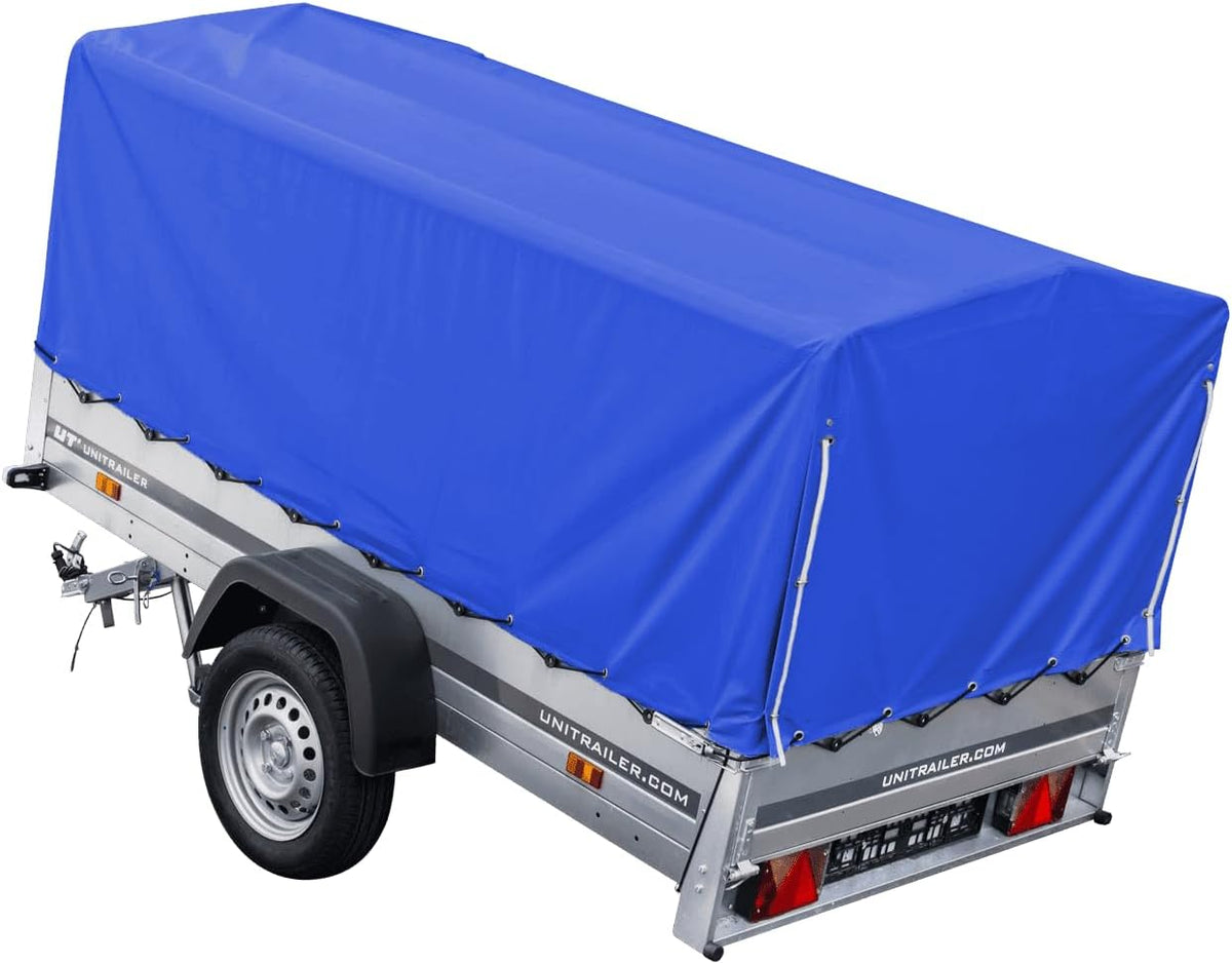 UNITRAILER Auto Anhänger 230x125 Garden Trailer 230 Kipp 750 kg mit Stützrad, Blauer Hochplane und Hochspriegel