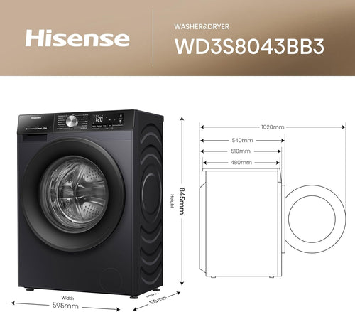 Hisense 3S Series WD3S8043BB3 Wifi Connected 8Kg and 5Kg Washer Dryer with 1400 rpm - Black - A-D Rated