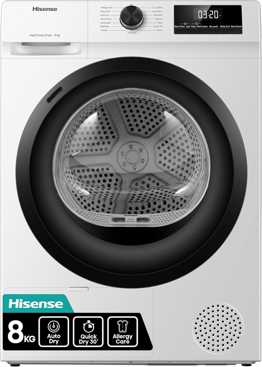 Hisense DH1Q802BW2 60cm Freestanding 8 KG Heatpump Front Load Tumble Dryer, 16 Programmes, Auto Dry, Steam Refresh, Allergy Care - White