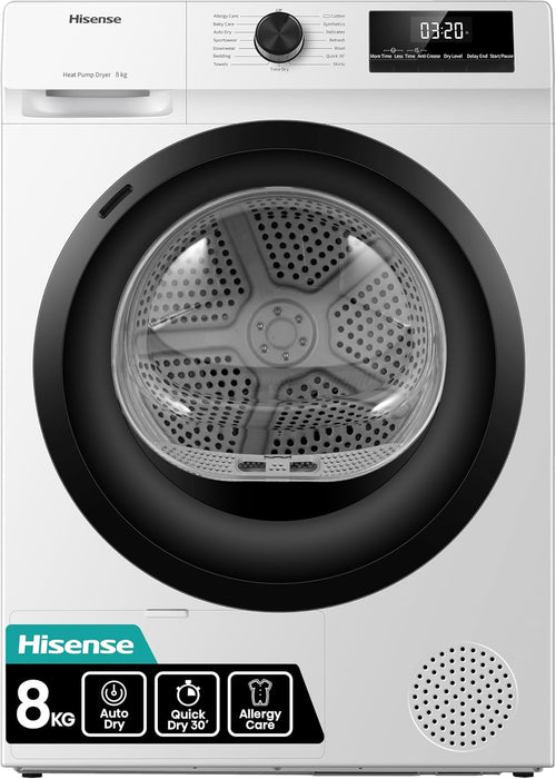 Hisense DH1Q802BW2 60cm Freestanding 8 KG Heatpump Front Load Tumble Dryer, 16 Programmes, Auto Dry, Steam Refresh, Allergy Care - White