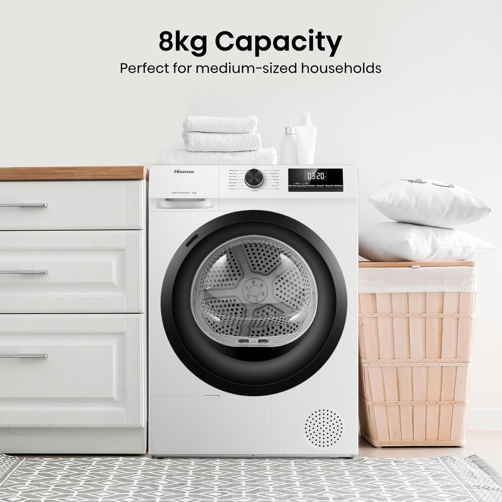 Hisense DH1Q802BW2 60cm Freestanding 8 KG Heatpump Front Load Tumble Dryer, 16 Programmes, Auto Dry, Steam Refresh, Allergy Care - White
